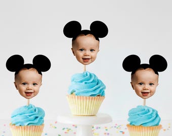 Mickey Mouse Personalized Birthday Cupcake Toppers, Mickey Minnie Face Cupcake Toppers, Disneyland Theme Birthday Decorations, Disney Party