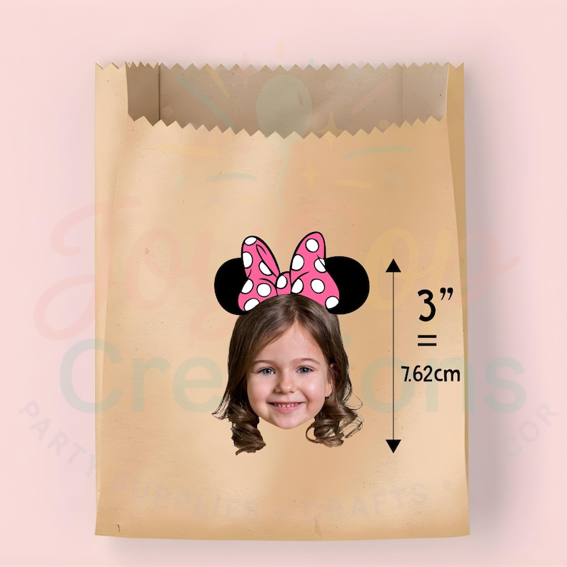 May include: A brown paper bag featuring a Minnie Mouse headband graphic. The headband has a pink bow with white polka dots and black ears. The graphic is 7.62cm in height.