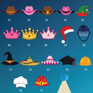 May include: Image displaying various hat designs with the text "COLOR & HAT CUSTOMIZATION OPTIONS." The hats include cowboy hats, crowns, a Santa hat, a witch hat, a graduation cap, and more. Each hat is numbered for easy selection.