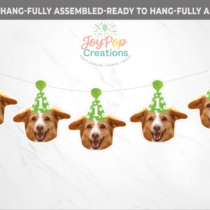 May include: A banner featuring five smiling dog faces, each wearing a green party hat with the number 1. The banner is strung on a white string and includes the text "READY TO HANG-FULLY ASSEMBLED". The JoyPop Creations logo is also visible.