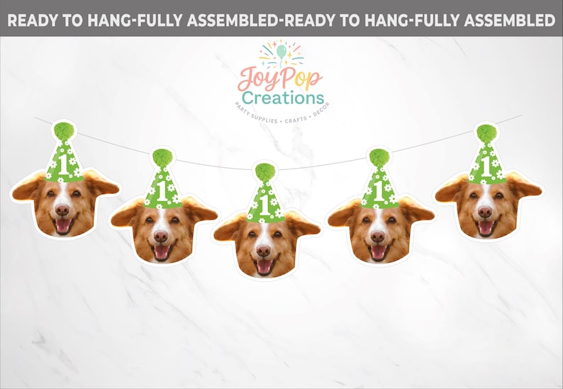 May include: A banner featuring five smiling dog faces, each wearing a green party hat with the number 1. The banner is strung on a white string and includes the text "READY TO HANG-FULLY ASSEMBLED". The JoyPop Creations logo is also visible.