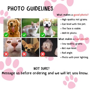 May include: A guide for pet portrait photos, with examples of good and bad images. The text includes advice on photo quality, eye level, and lighting. The text says, "Message us before ordering and we will let you know."