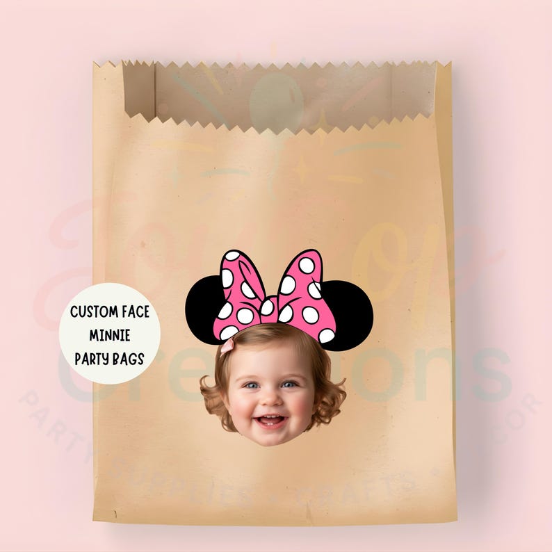 May include: A brown paper party bag featuring a Minnie Mouse design. The design includes a pink bow with white polka dots, black mouse ears, and a child's face. Text on the bag reads "CUSTOM FACE MINNIE PARTY BAGS."