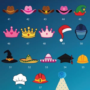 May include: An image displays various hat designs with the text "COLOR & HAT CUSTOMIZATION OPTIONS." The hats include cowboy hats, crowns, a Santa hat, a witch hat, a sombrero, a graduation cap, and more. Each hat is numbered for selection.