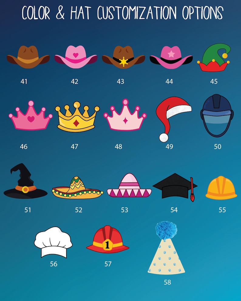 May include: An image displays various hat designs with the text "COLOR & HAT CUSTOMIZATION OPTIONS." The hats include cowboy hats, crowns, a Santa hat, a witch hat, a sombrero, a graduation cap, and more. Each hat is numbered for selection.