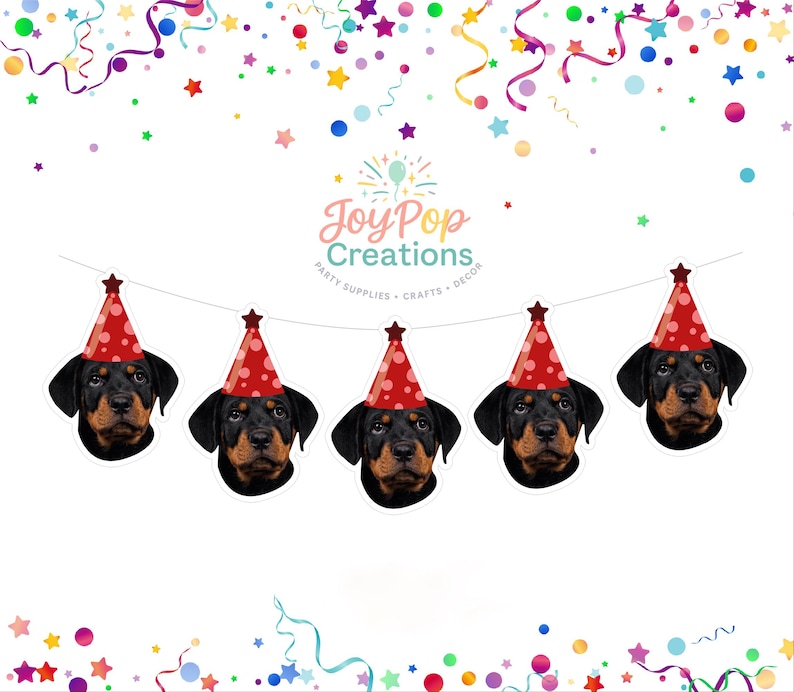 May include: A banner featuring five Rottweiler dog heads wearing red party hats with white polka dots. The banner is strung with a white string and decorated with colorful confetti and stars, perfect for a birthday party.