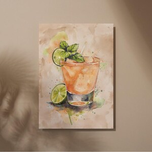 Boho Whiskey Citrus Wall Art Printable – Akwarela Cocktail Bar Cart Decor w kolorze bursztynowym i limonkowym (pobranie cyfrowe)