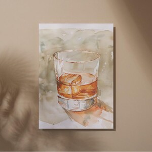 Boho Classic Whiskey Wall Art Printable – Akwarela Cocktail Bar Cart Decor w kolorze Karmelu Amber (Pobieranie cyfrowe)