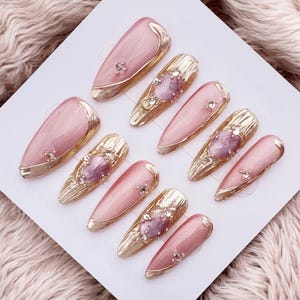 Luxury Reusable Press On Nails, Pink Glossy Nails with Gold Foil and Crystals, Gift for Her, Handmade Press On Nails, Gift for Her or Mom