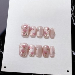 Pink Floral Cat Eye Press On Nails: Hand-Painted Reusable Faux Nails