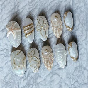 3D Ocean Press On Nails: Seashell Pearl Summer Beach Nails