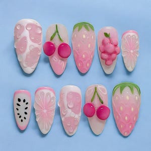 3D Fruit Press On Nails: Pink Strawberry Cherry Grape, Handmade