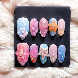 Sea Life Press On Nails, Pink Blue Jellyfish & Starfish Summer Nails, Cute Summer Press On Nails, Handmade Press On Nails, Gift for Mom
