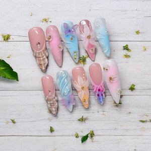 3D Butterfly Press On Nails, Pastel Pink Blue Floral Design, Handmade Long Nail Art Set, Luxury Glossy Nails, Gift Idea for Her or Mothers