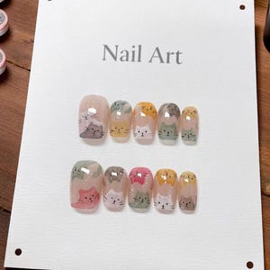 Cat Face Nails, Hand-Painted Press On Nails, Soft Color Animal Nail Design, Perfect Gift for Her, Cute Fancy Nails, Gift for Cat Moms Idea
