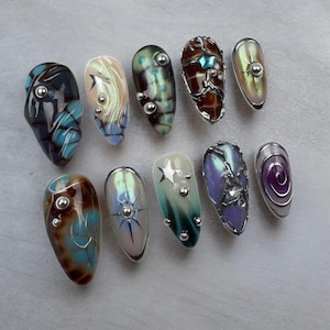 Personalized press on nails, Party-ready nails, Nail flakes decor, Wedding-ready nails, Japanese-inspired nails, Almond long press on