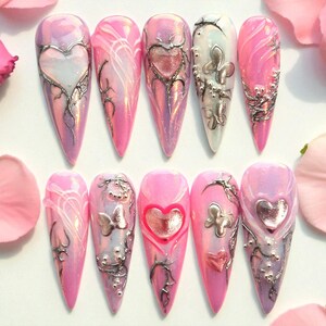 3D Heart & Butterfly Press On Nails, Handmade Long Nails, Trendy Y2K Handpainted False Nails, Long Nails for Special Gift or Birthday