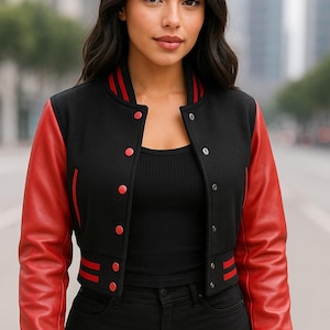 Black wool and Red leather sleeve Women Custom cropped Varsity Jacket – Wool Body Leather Sleeve Bomber – Retro Letterman Jacket |
