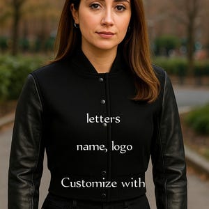 women cropped Varsity Jacket for Girls – black Wool body & Leather Sleeves |Back to School Varsity Bomber| Y2K Style Outerwear|customizable