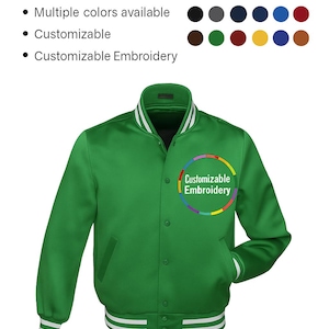 Green Embroidered Satin Varsity Jacket: Personalized Bomber, Team Jacket