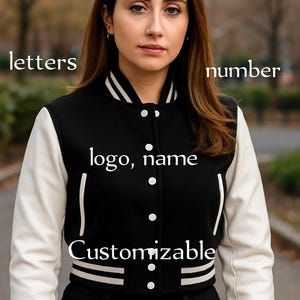 Black wool body and white leather sleeve Women Custom cropped Varsity Jacket|Retro Letterman Jacket|cropped varsity letterman jacket for her
