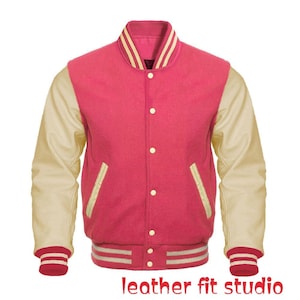 Varsity letterman basebal Jacket in pink wool and off-white leather with off-white ribs Classic college Jacket for women 2XS-7XL