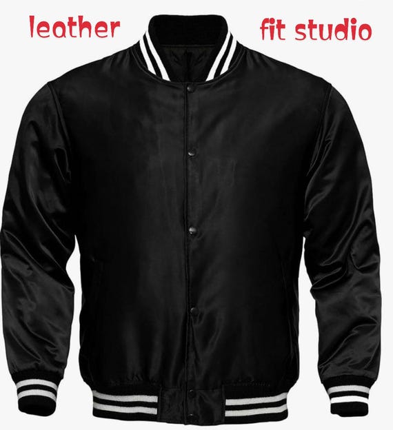 Custom Men's Satin Varsity Jacket in Black With White Stripes