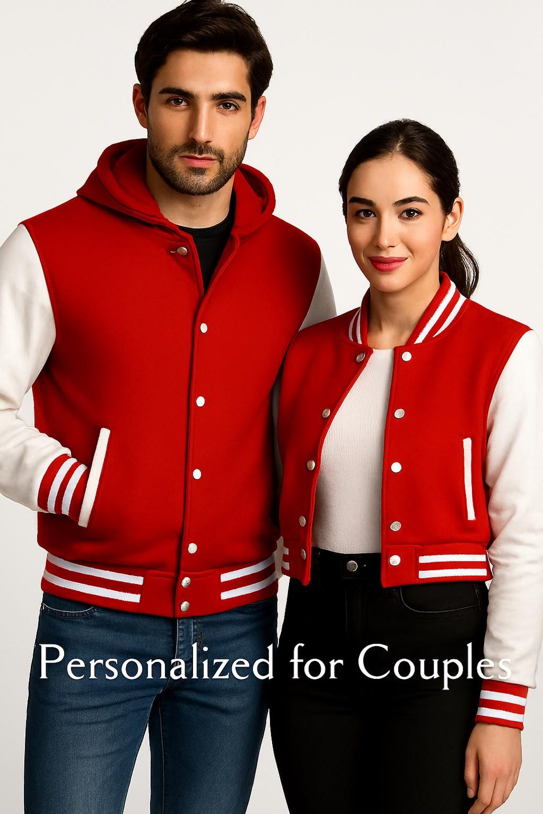 Matching Red Wool Varsity Jacket Set: Custom Leather Sleeve Couple ...