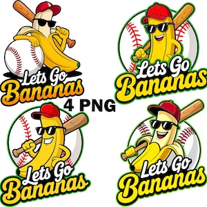 Let&#39;s Go Bananas Baseball PNG Bundle Sports Team Mascot Funny Banana Playing Baseball Sublimation Digital Download Printable Shirt Apparel