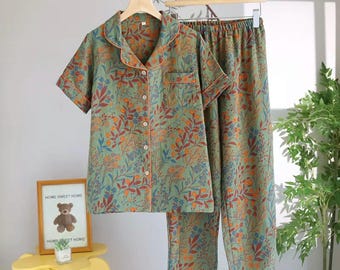Vintage Floral Pyjama Set, Sage Green Button-Up Lounge Wear