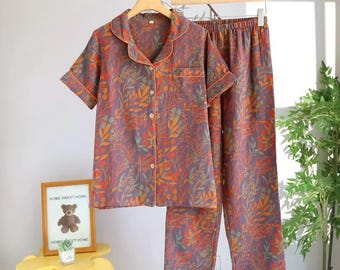 Women's Botanical Print Pajama Set, Short Sleeve Lightweight Nightwear