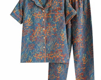 Women's Floral Print Pajama Set, Short Sleeve Button Up Top, Matching Lounge Pants
