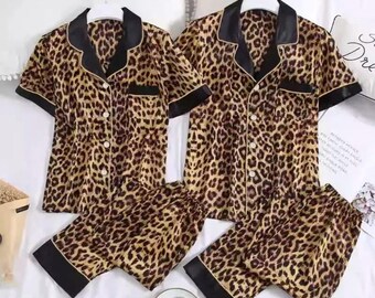 Leopard Print Satin Pajama Set, Women's Silk Style Long Sleeve Sleepwear