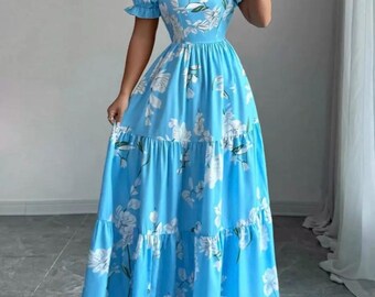 Blue Floral Maxi Dress: Square Neck, Puff Sleeve, Tiered Boho Summer Style
