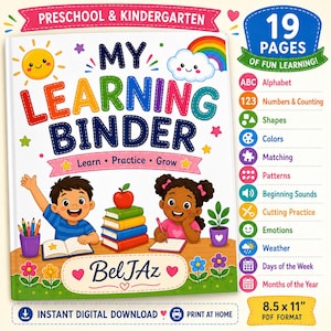 Puede incluir: Una carpeta educativa colorida titulada My Learning Binder con ilustraciones de dos niños, una pila de libros y un sol. La portada incluye el texto Learn, Practice, Grow y BelJaz. Una barra lateral enumera 19 páginas de actividades en 21,59 x 27,94 cm.
