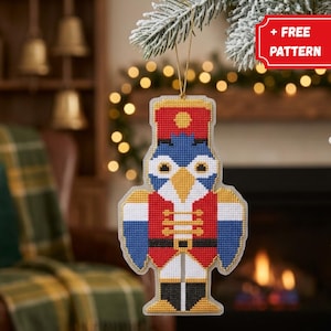 Nutcracker Bird Cross Stitch Pattern, Bluebird Soldier, Holiday Bookmark Craft (PDF)