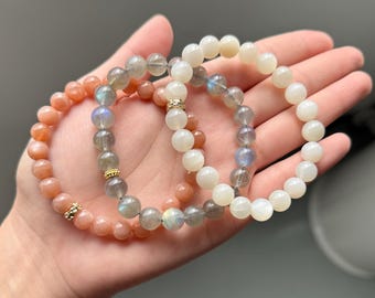 Handmade Moonstone Bracelet Set – 3 Natural Gemstone Bracelets for Healing, Energy Protection, Strength & Balance