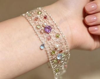 Handwoven Fairy Mesh Bracelet, Colorful Crystal Beaded Cuff, Ethereal Cottagecore Jewelry, Handmade Gift, Made to Order
