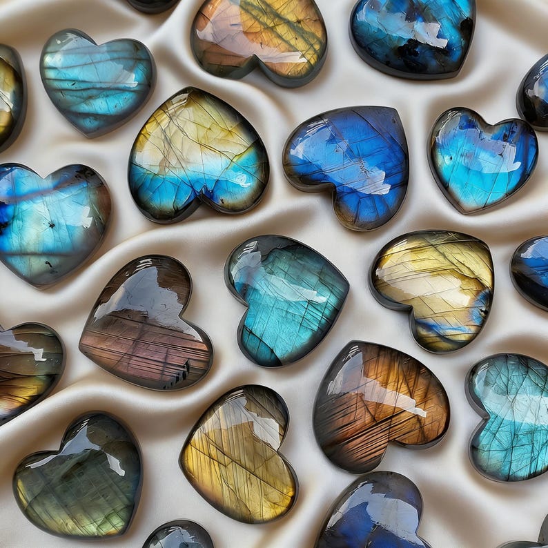May include: A collection of heart-shaped labradorite stones. The stones display a range of colors, including blues, greens, yellows, and browns, with iridescent flashes. They are arranged on a white, silky fabric.