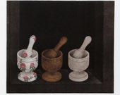 Three Mortars and Pestle by K.B. Hwang, Mezzotint, 1986