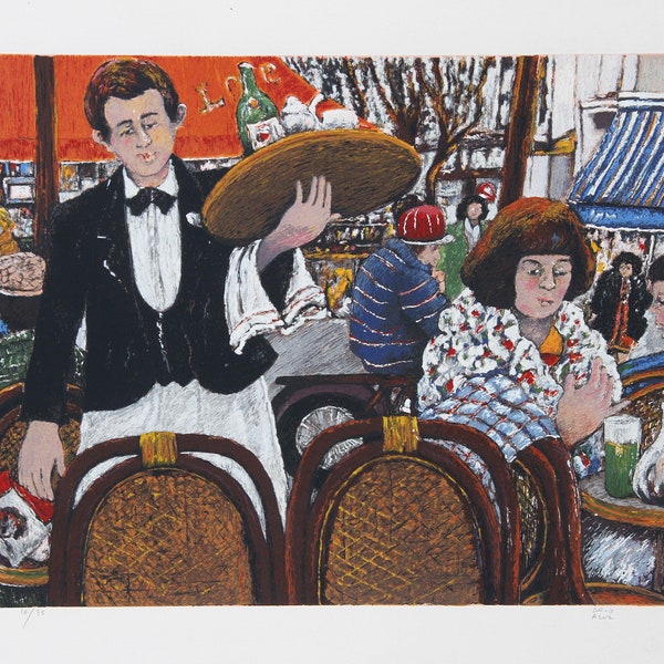 David Azuz, Cafe La Rontonde Montparnasse, Lithograph, Signed and Numbered in Pencil