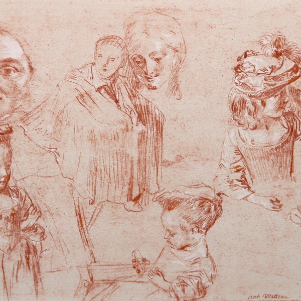 Jean-Antoine Watteau, Feuille d'Etudes Avec Croquis de Petites Filles, Lithograph