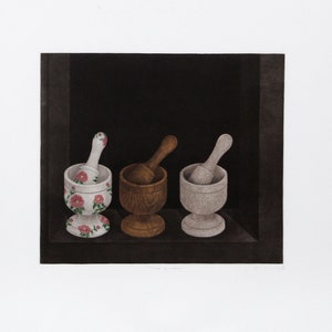 K.B. Hwang, Three Mortars and Pestle, Mezzotint, signed and numbered in pencil