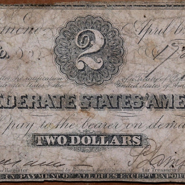 Unknown Artist, Confederate Two Dollar Bill, Paper Bill - Bank Note, signed in ink