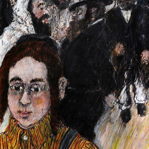 David Azuz, Hasidim in the Street, Oil on Paper, signed