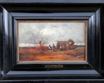 Géza Mészöly, Gypsy Camp, Oil on Panel, signed verso