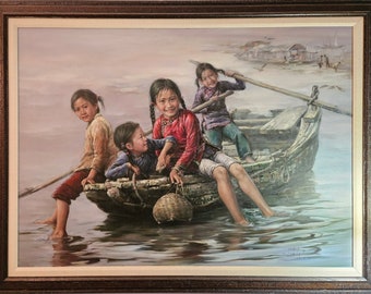 Kee Fung Ng, Girls in a Boat, Oil on Canvas, signed