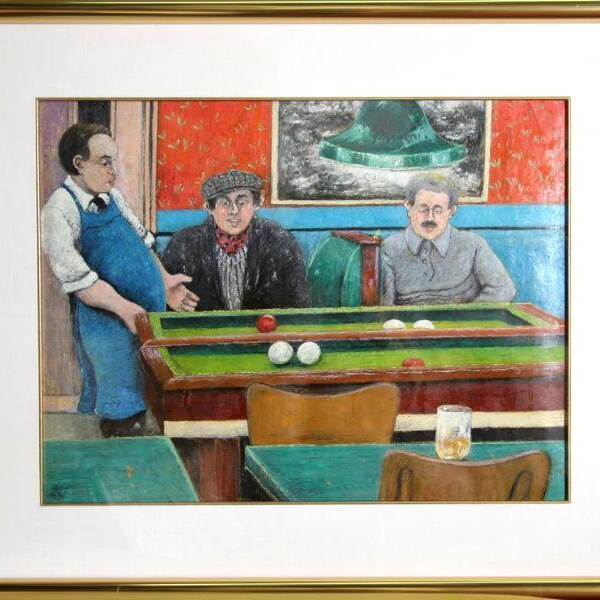 David Azuz, Pool Hall, Oil on Paper, Signed