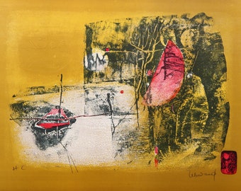 Lebadang (aka Hoi), Untitled - Boat and Crescent Moon, Lithograph with Intaglio Etching, Signed in pencil