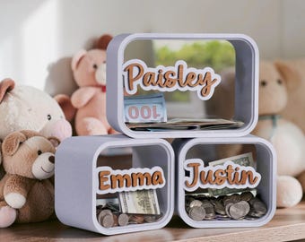 Personalized Kids Piggy Bank: Walnut Wood, Marble Look , Coin and Bill Holder, Room Decor
